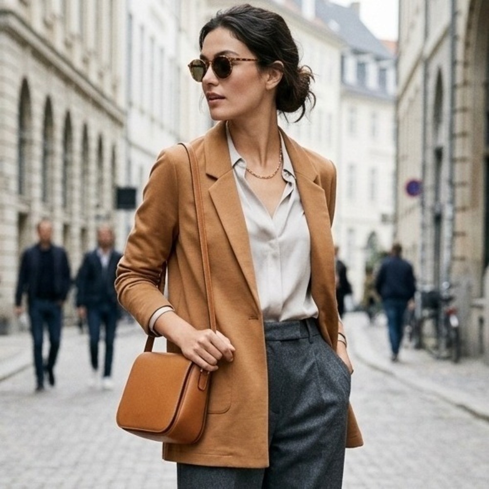 Garnet Hill Blazer Women 4 Camel Tan Tencel Wool Blend Professional Office Wear